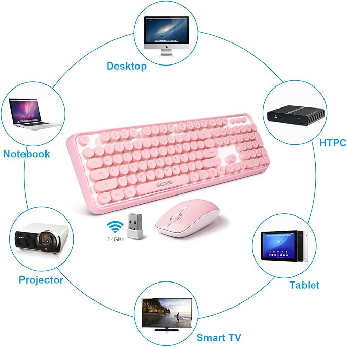 Pink Wireless Keyboard and Mouse Combo,Cute Typewriter Style,for Long Nails | Bubble Round Keys,Ergonomic Computer Keyboard,ASMR Clicky Sound,2.4Ghz USB Receiver,Full Size with Number for PC Laptop - Image 6