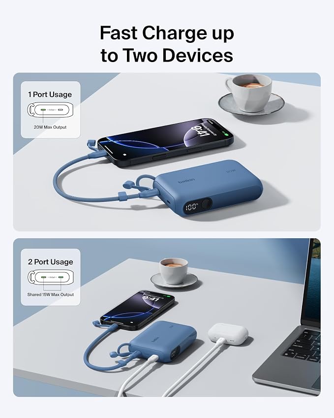 Belkin 10000mAh 20W Slim Power Bank, Digital Display, 2 USB C Ports | Fast Charging Battery Pack, iPhone 17, Air, Pro, Samsung Galaxy S25, Pixel 10, iPad, Charge 2 Devices - Image 2