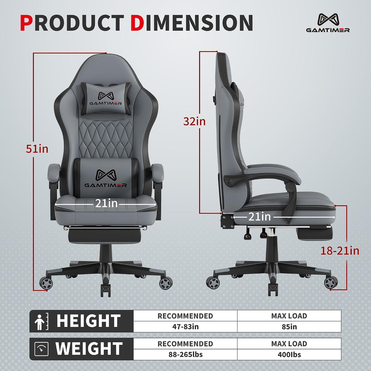 Gaming Chair, Computer Office Chair with Pocket Spring Cushion, 400 LBS Weight Capacity, Breathable PU, Headrest & Lumbar Support, for Silla Gamer Adults,Black（Grey） - Image 3