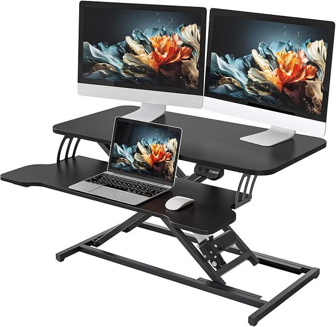 YIHAYO Electric Standing Desk Converter 32 inch, Sit to Stand Up Height Adjustable Desk Riser, Quick Sit to Stand Tabletop Dual Monitor Riser Workstation for Home Office with Keyboard Tray, Black by YIHAYO