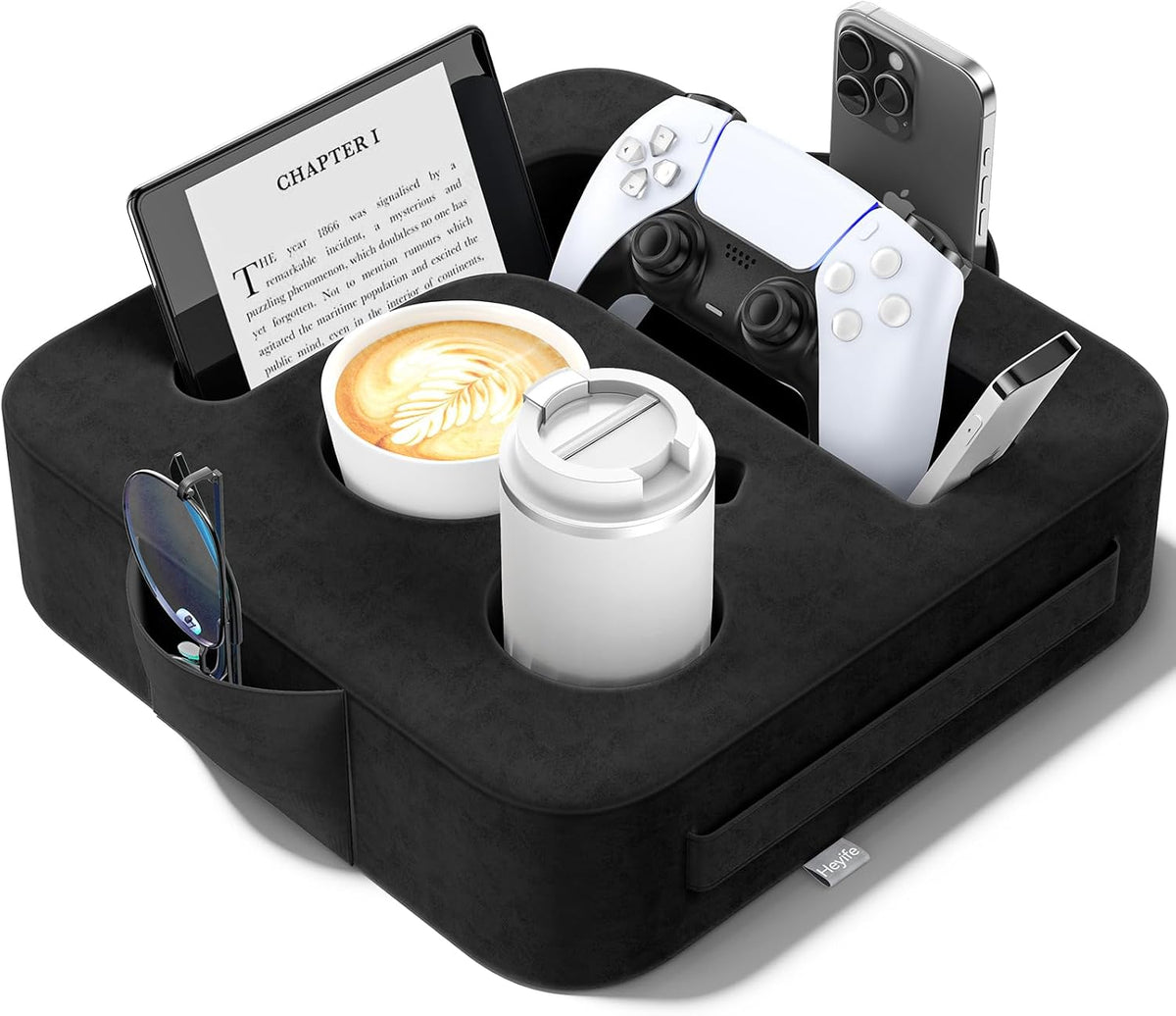 Couch Cup Holder Pillow, Sofa and Bed Organizer Caddy for iPad, Kindle, Switch, Game Controller, Remotes, Phones, Small-Sized Cup & Drink Holder for Couch, Bed, Desk, Car, Beach, Desk, Black by Heyife