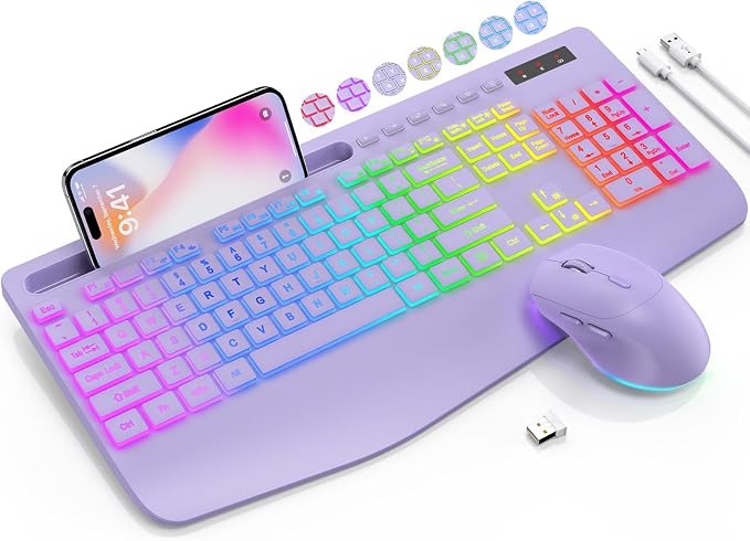 Wireless Keyboard and Mouse Combo, 9 Backlit Effects, RGB, 2.4GHz | Ergonomic Wrist Rest, Phone Holder, Rechargeable, Full Size, KM22 MAX Silent Set for Computer, Laptop, Mac, Windows (Purple) by SABLUTE