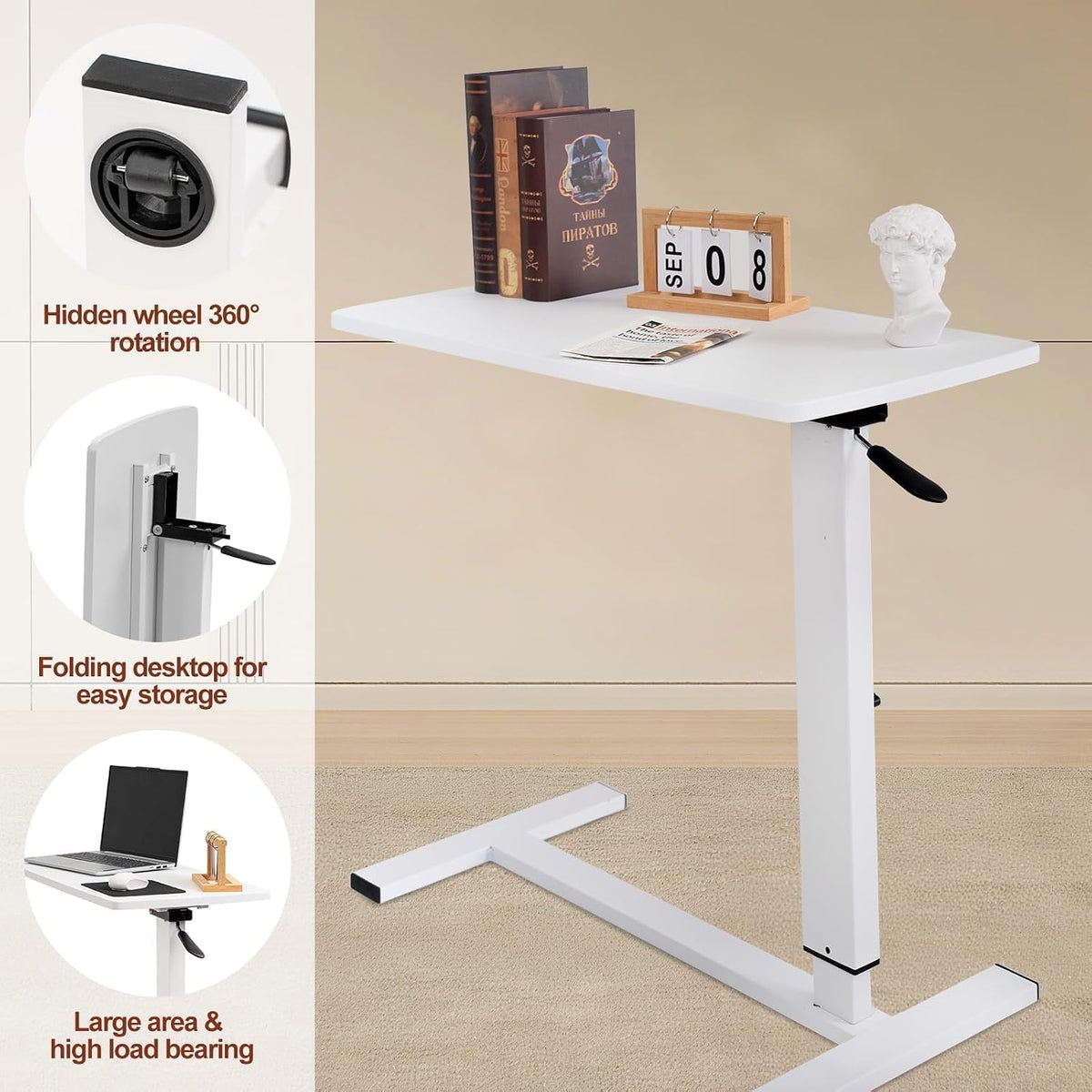 32" Foldable Pneumatic Adjustable Overbed Table with Wheels - Image 8