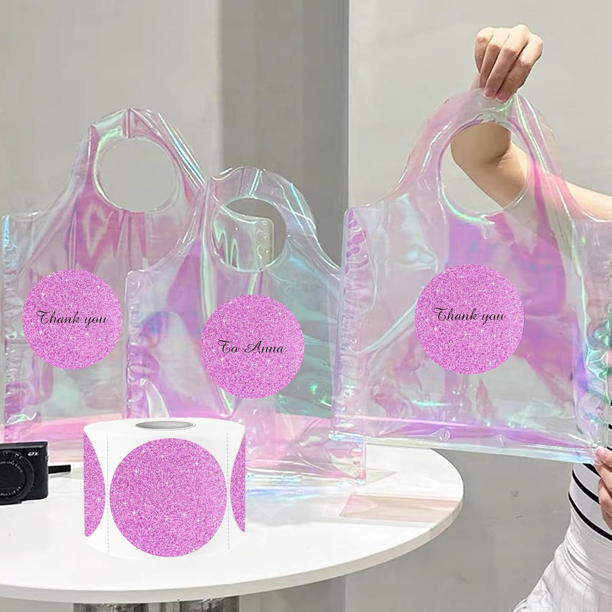3" Holographic Thermal Label Stickers, Round Direct Thermal Label Stickers, Glitter Thermal Printer Sticker Labels for Gift Wrapping, Self-Adhesive Custom Logo Design- Glitter Pink - Image 6