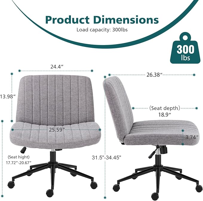 OLIXIS Criss Cross Chair with Wheels, Vanity Chair, Home Office Desk | Wide Seat Armless, Comfy Fabric, Height Adjustable Swivel Rolling, Home Computer Task Seating for Bedroom Study, Grey Fabric - Image 2