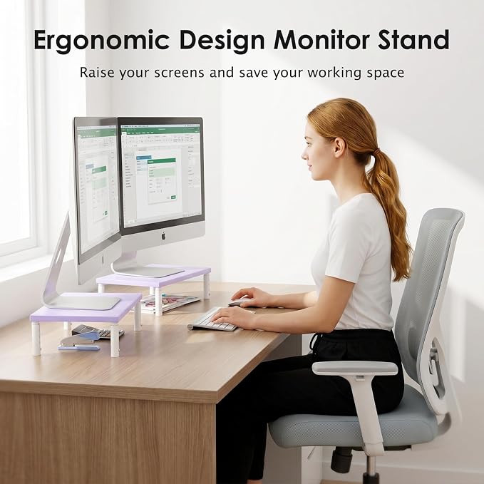 ECOLOVI Adjustable Wood Computer Monitor Stand Riser, Office Desk Organizer and Accessories for Monitor, Laptop, PC, Printer, Office Desk Accessories Workspace Organizer for Home Office Supplies, Purple - Image 2