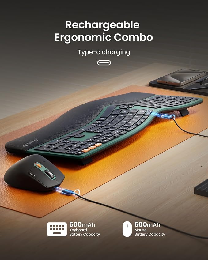 ProtoArc EKM01 Plus Wireless Ergonomic Keyboard Mouse Combo - Green | Full-size Split Keyboard with Cushioned Wrist Rest, Ergonomic Mouse, 3-Device Bluetooth/2.4G, USB-C Rechargeable - Image 9