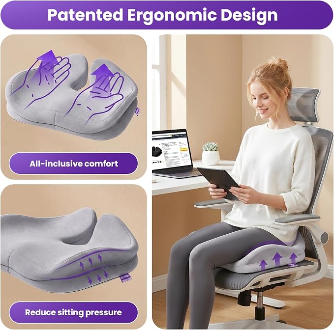 ZZ-WELL Seat Cushions for Office Chairs, Coccyx Cushion for Tailbone Pain, Memory Foam Butt Pillows for Computer Gaming Chair, Patented Pressure Relief Design Chair Cushion (Light Grey, XX-Large) - Image 8
