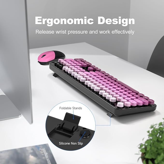 MOFII Wireless Keyboard and Mouse Combo, 2.4GHz Retro Typewriter Keyboard Full Size, Cute Wireless Mice, USB Dongle Plug and Play, for Laptop, PC, Desktop, Windows (Black Pink Gradient Color) - Image 3