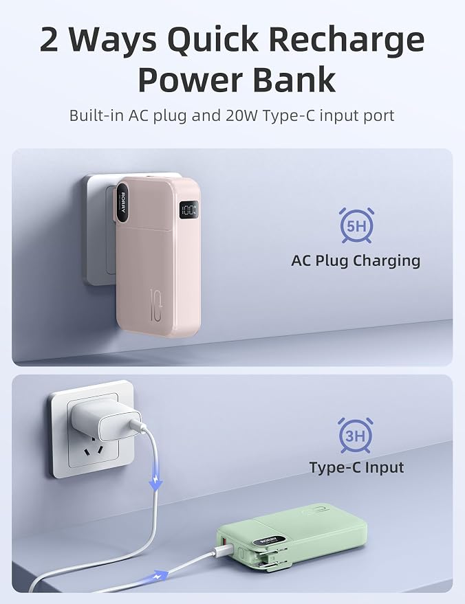RORRY Portable Charger w/Wall Plug 10000mAh Power Bank 22.5W Battery Pack | Built in Cables, Fast Charging, for iPhone, iPad, Samsung Galaxy, Pixel, LG, Travel Essential, Digital Display, Pocket Size - Image 7