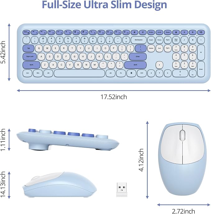surmen Blue Keyboard and Mouse Wireless, Cute Wireless Typewriter, Full Size Slim Silent Keyboard Round Keys Aesthetic for Home and Office(Colorful Blue) - Image 6