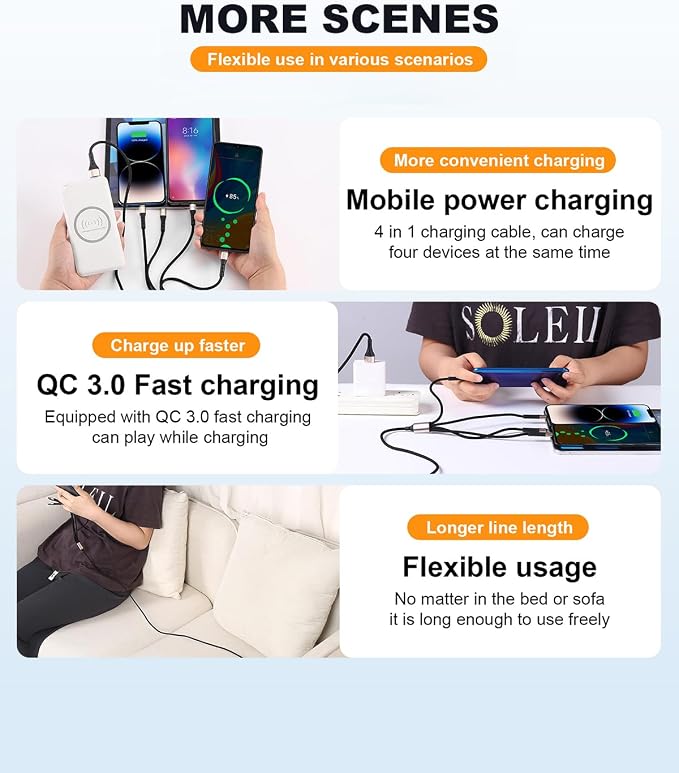 SIQIWO Multi USB C Cable Fast Charging 4FT/2 Pack, 4 in 1 Charger Cord | QC 3.0(3A) USB C Splitter Cable with 4 Type C Ports for iPhone 17/16/15 Series, iPad Air/Pro, Samsung Galaxy S26, Pixel, PS5 - Image 7