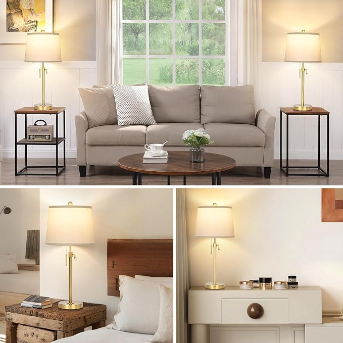 Modern Gold table Lamp 22" to 30"Adjustable Height 3 Brightness Way Brass Nightstand with White Linen Shade Pull Chain Pole Lights for Living Room Guest Bedroom End Table Office(Bulb Included, Single) - Image 7
