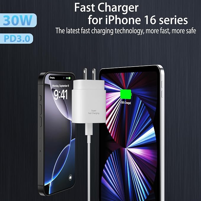 iPhone 17/16/15 Pro Max Charger Fast Charging PD 30W, 6 FT Cable | 65W/3A, Long USB C Cord, Chargers Block, For iPhone 17/17 Pro Max/17 Air/16/15 Series, iPad - Image 3