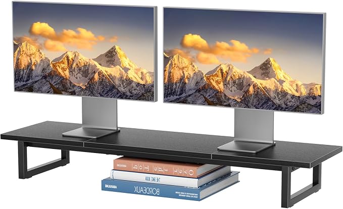 Simple Trending 38" Dual Monitor Stand Riser, Desk Organizer, Black | Laptop & Printer Stand, for 2 Monitors, Wood and Steel, Ergonomic Support, Easy Setup, Home Office Desk, 38"W x 10.25"D x 5"H by SimpleTrending