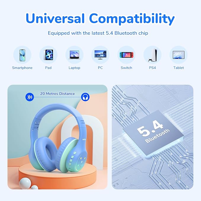 EarFun K4 Kids Bluetooth Headphones, Wireless Headphones with Lights Green | 74/85/94dBA Volume Limited, Built-in Mic, 90H Playtime, Bluetooth 5.4 Over Ear Headphone for iPad/Tablet/PC/School, Green - Image 8