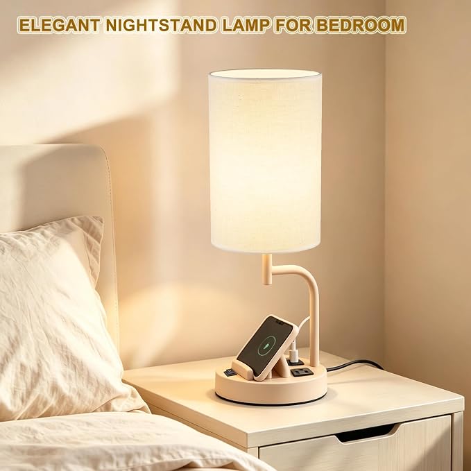 Dreamholder 2 Pack Table Lamp, Bedside Lamp with 3 USB Charging Ports & AC Outlet, USB Desk Lamp with 2 Phone Holders, Linen Fabric Shade Nightstand Lamps for Bedroom Living Room Office, Beige - Image 6
