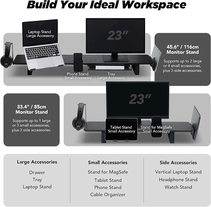 Moodular Wooden Monitor Stand Desk Organizer, Large 45.6" Walnut | Customizable Organized Workspace, Aluminum Slide Rails, 10 Add-Ons Sold Separately: Storage Drawer, Tablet, Phone & More - Image 6