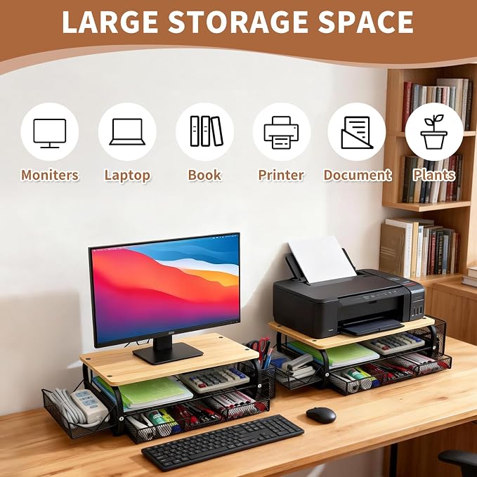 Desk Organizers and Accessories Monitor Riser, Monitor Stand with Drawer (2-Tier Drawers) with Large Side Storage Rack & Cable Management,66LBS/30KG, Office Organization, Oak - Image 4