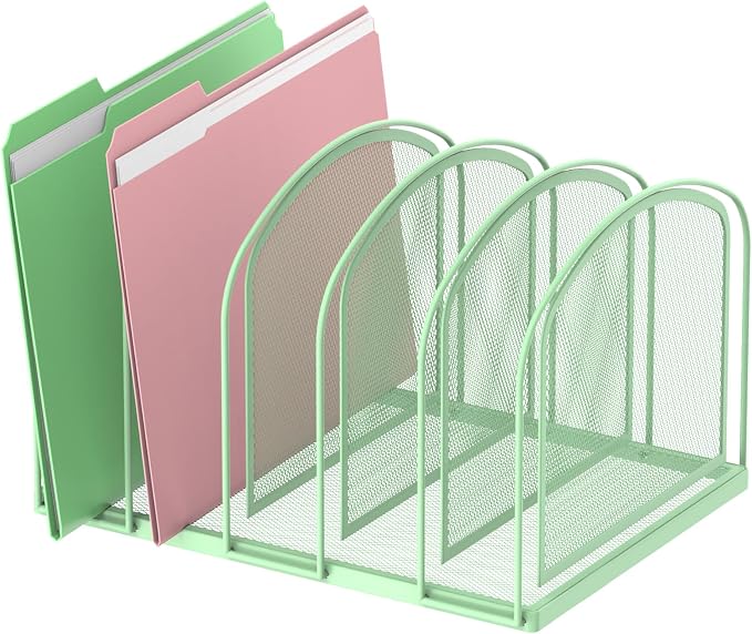 5-Section File Organizer for Desk, Metal File Folder Holder, Mint Green | 5 Vertical Compartments with Sturdy Metal Base for Office Documents Books Magazines and Laptop by SUPEASY