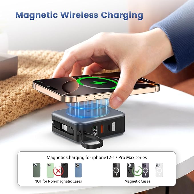 for Magsafe Portable Charger with AC Wall Plug, 6-in-1 Magnetic Wireless Power Bank 10000mAh Built-in Cables, 22.5W Type-C in&Out Fast Charging Battery Pack for iPhone 17/16/15/14/13/12 Series, Gray - Image 4