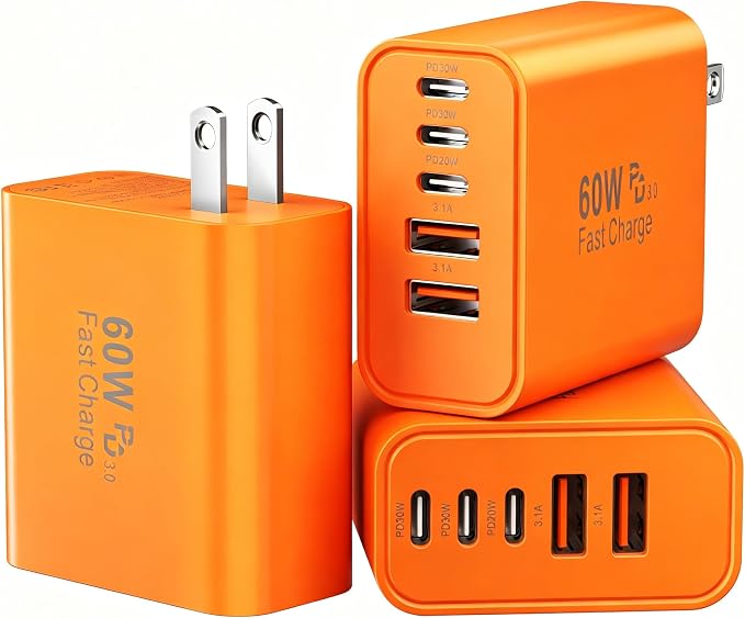 USB C Charging Blocks, 60W USBC Wall Fast Charger Block, Type C Phone USB C Charger Fast Charging Brick, 5-Port Multiport Charger Plug Power Adapter for Phone 17/16/15/14/13 Pro Max, Pad, S25-3Pack by Duloch