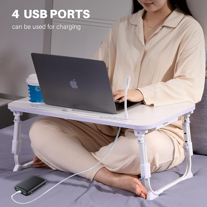 Laptop Desk for Bed, Height Adjustable Laptop Bed Table, Foldable Portable Lap Desk Stand with USB/Storage Drawer/Cup Holder/Slot, Breakfast Tray for Working Reading Writing Eating, White - Image 7