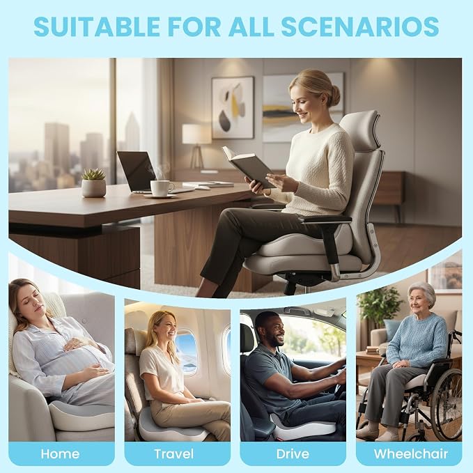 Seat Cushion, Memory Foam for Sit Bone and Back Pain Relief | Dual-Hole Ventilation, Coccyx,Sciatica and Tailbone Hip Relief ,Posture Support ,Office Chair and Car Seat,Home Use - Image 9