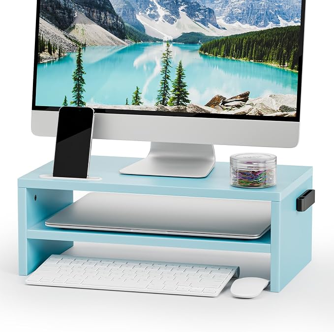 Marbrasse Wood Monitor Stand Riser,Desk Computer Printer Shelf Stand，Blue | 2 Tier Laptop Computer Screen Storage, Desktop Stand with Phone Holder and Cable Management by Marbrasse