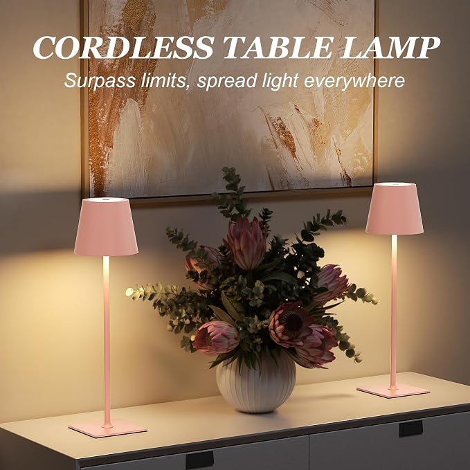 Kakanuo Pink Cordless Rechargeable Table Lamp 5000mAh Battery Operated Lamps, 3 Colors Stepless Dimming Touch Lamp for Living Room, Kitchen Counter, Dining, Outdoor Patio, 2 Pack - Image 4