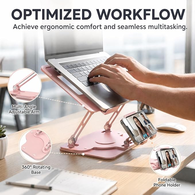 Laptop Stand for Desk,Adjustable Computer Stand with 360° Rotating Base,2-in-1 Laptop Stands with Phone Holder,Ergonomic Laptop Riser for Collaborative Work,fits for All 10-16" Laptops (Pink) - Image 6