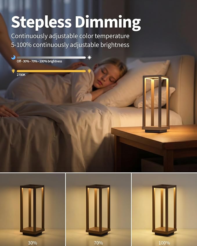PUSU Cordless Waterproof Table Lamps Set of 2, Brown LED Outdoor Desk Lamp | Rechargeable 4000mAh Battery Operated, 2700K 3-Level Dimmable, Portable Lighting for Patio, Camping, Bedroom, Night Light - Image 7