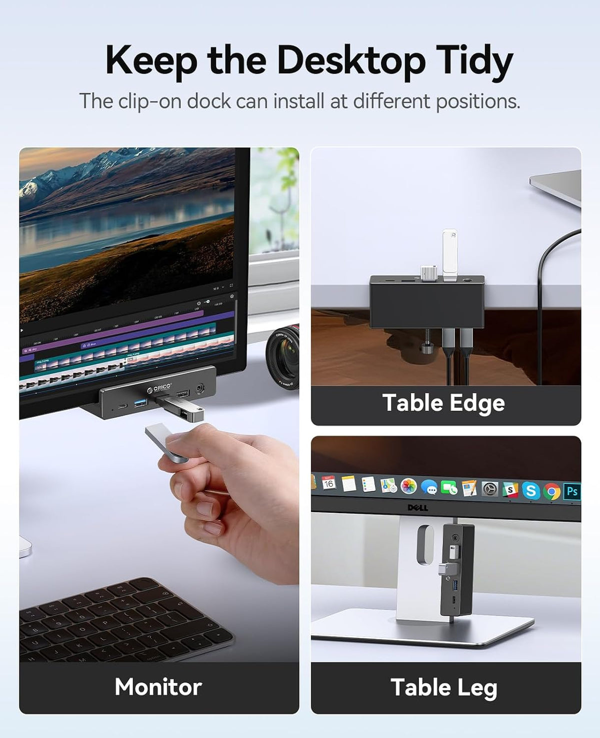 ORICO Clip Docking Station, 8-in-1 Clamp USB C Hub with 4K@60Hz HDMI, 100W PD, Gigabit Ethernet, 4xUSB Port, AUX, 10Gbps Clamp Docking Station for Laptop, MacBook, PC (Adapter Not Included) - Image 7