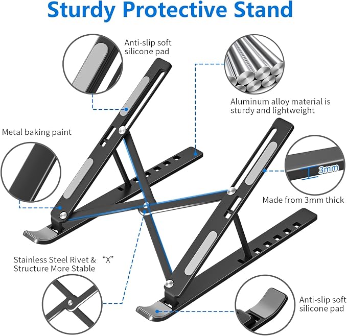 Laptop Stand for Desk, Aluminum Metal MacBook Stand, Computer Riser for Desk, Portable Foldable Adjustable Notebook Holder, Compatible with 10-15.6 Inch Laptops, iPad, Black. - Image 6