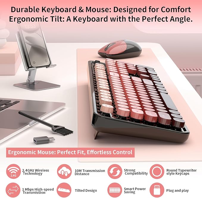 Wireless Keyboard and Mouse, 104 Round Keycaps Retro Typewriter | with OTG & Brush, Full-Size Ergonomic, Ideal for Windows PC, Home, Office and College Black Pink - Image 2
