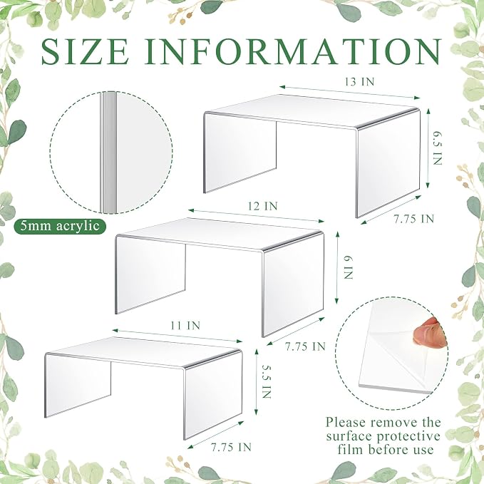 RattanView 3 Pcs Extra Large 13,12,11 Inch Acrylic Display Risers Clear Acrylic Shelf Riser Display Stands 5 mm Thick Rectangular for Collectibles Figures - Image 2