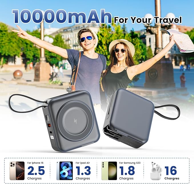 for Magsafe Portable Charger with AC Wall Plug, 6-in-1 Magnetic Wireless Power Bank 10000mAh Built-in Cables, 22.5W Type-C in&Out Fast Charging Battery Pack for iPhone 17/16/15/14/13/12 Series, Gray - Image 6