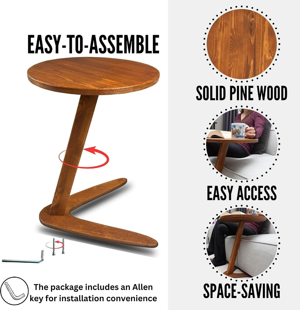 Small C-Shaped Solid Pine Side Table, Chestnut, Medium - Image 3