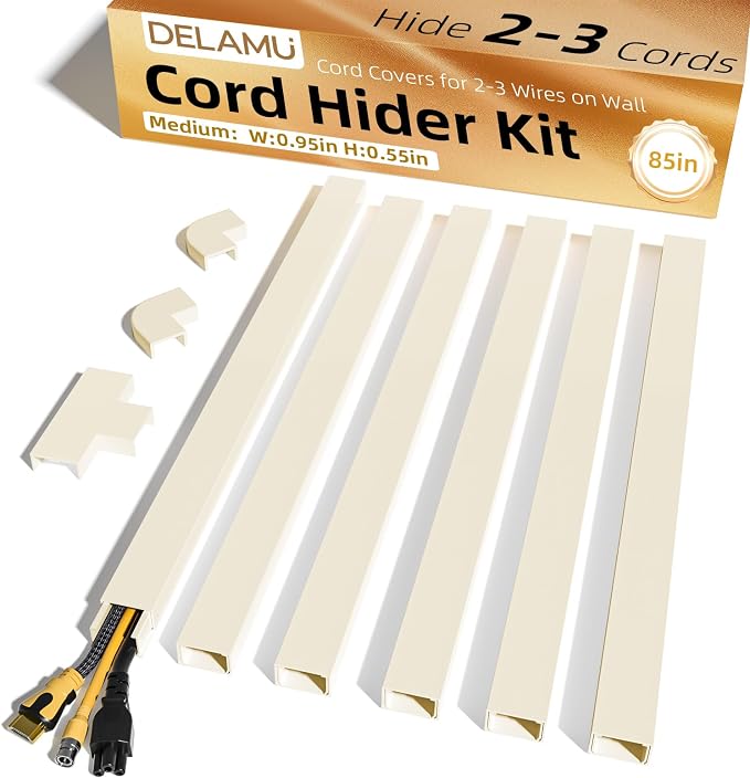 Delamu Beige Cord Hider, 85in Cord Covers for 2-3 Wires on Wall, Self-Adhesive Cable Hider, Wire Hiders Wire Covers for TV Cords on Wall, Easy Mount Cable Cover Raceway Kit, W0.95 H0.55in, Beige by DELAMU
