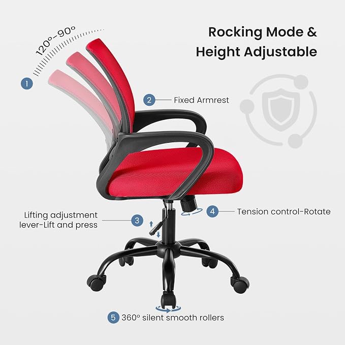DUMOS Ergonomic Office Chair 2 Pack, Home Desk Mesh Chair, Lumbar Support | Mid Back Mesh, Height Adjustable Fixed Armrest, Rocking Mode Computer Gaming Meeting, Red - Image 7