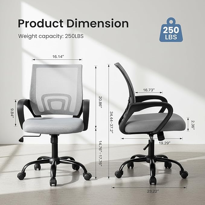 DUMOS Ergonomic Office Chair, Lumbar Support Mesh Desk Chair | Mid Back Mesh, Height Adjustable Fixed Armrest, Rocking Mode 360 Swivel Computer Gaming, Grey - Image 3
