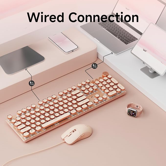 EWEADN Wired Typewriter Keyboard and Mouse Combo, Typewriter Style Mechanical Keyboard,104 Keys Backlit LED Keyboards, Media Control Knob, Wired Keyboard Pink Switch for Windows/PC-Rose Gold - Image 4