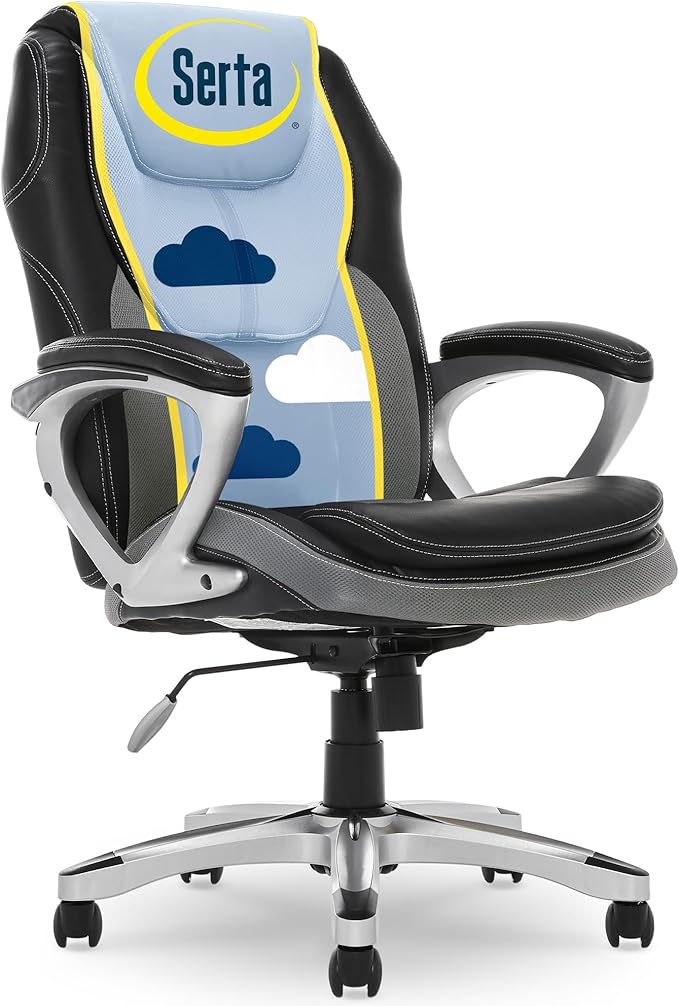 Serta Ergonomic Executive Office Chair, Padded Arms Mesh Back Leather Chair | Amplify, Contoured Lumbar Lower Back Support, Back Pain Relief, Adjustable Height & Recline, Work From Home Desk Chair, Gray by Serta