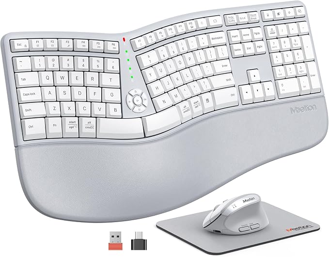 MEETION Ergonomic Keyboard and Mouse Combo, Split Wireless Design, Gray | 2.4G split keyboard with cushioned palm rest and vertical mouse, full-size natural typing design, for Windows and Mac by MEETION