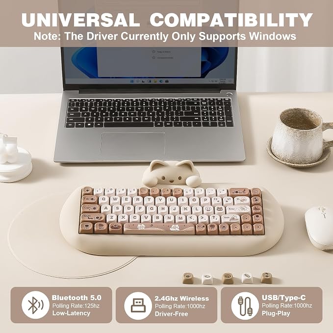 YUNZII C68 Silicone Cute Cat Mechanical Keyboard (Brown,Cocoa Cream Switch) | Wireless Triple Mode BT5.0/2.4G/Wired, RGB Backlit NKRO, Cute Cat Silicone Ergonomic Design for Win/Mac - Image 3