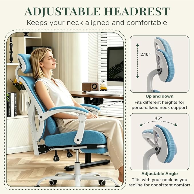 Ergonomic Office Chair with Footrest, Computer Gaming Chair | Adjustable Headrest, Lumbar Support, Swivel Reclining, Padded Armrest, Mesh High Back, Home Desk Work Study, Blue - Image 6