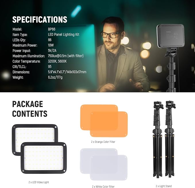 NEEWER BASICS LED Video Light, 2 Pack Studio Panel Key Lighting Kit with Tripod Stands & Filters, Bi Color Dimmable Portable 3200~5600K CRI95 750lux for Photography Recording Streaming Podcast, BP66 - Image 8
