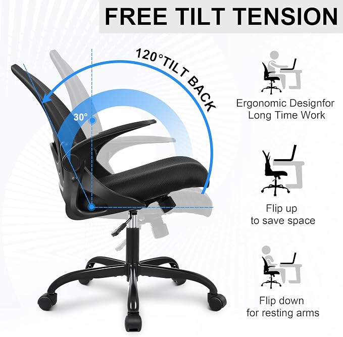 Office Chair Ergonomic Desk Chair with Flip up Armrests Swivel Breathable Desk Mesh Computer Chair with Adjustable Lumbar Support and Height for Conference Room (Black) - Image 7