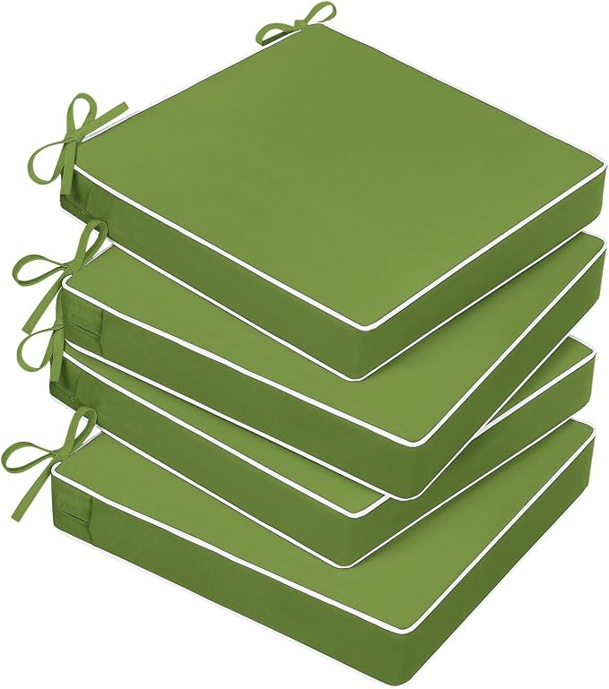 Basic Beyond Outdoor Chair Cushions for Patio Furniture, Waterproof Outdoor Seat Cushions Set of 4 19 x 19, Patio Chair Cushions Set of 4 with Ties and Handle, Grass Green/White by BasicBeyond