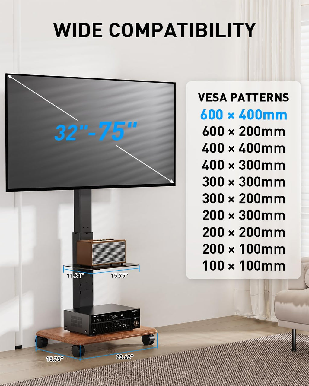 Heavy Duty Rolling TV Stand for 32-75 Inch TVs Holds up to 132 lbs - Image 2